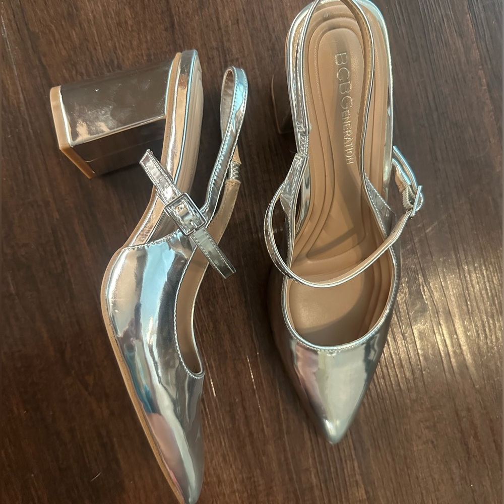 BCBGeneration Shiny Silver Block Heels